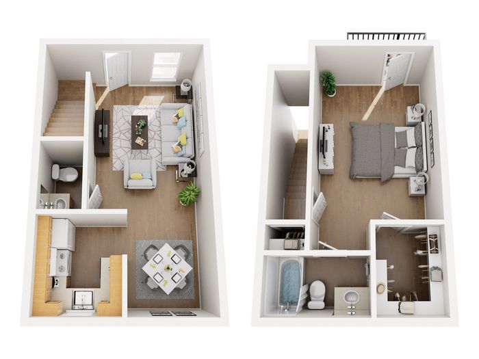 Chic 2D floor plan highlighting a modern duplex with an inviting living area, elegant bedroom, and a contemporary kitchen and dining space.