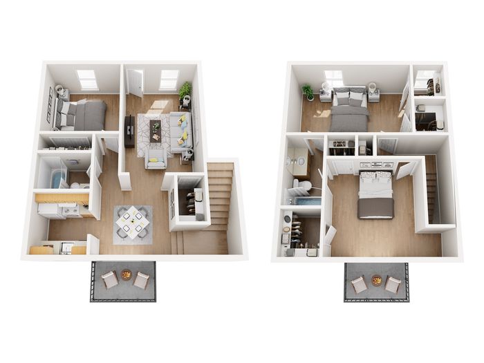 Modern 3D floor plan showcasing a stylish two-story apartment with three bedrooms, two bathrooms, cozy living and dining areas, and an outdoor patio.