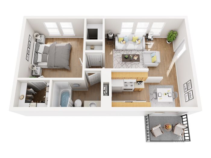 Charming 3D apartment floor plan showcasing a cozy bedroom, modern bathroom, and inviting open-plan living area with a stylish kitchen and dining space. Includes an outdoor balcony with seating, perfect for relaxation.