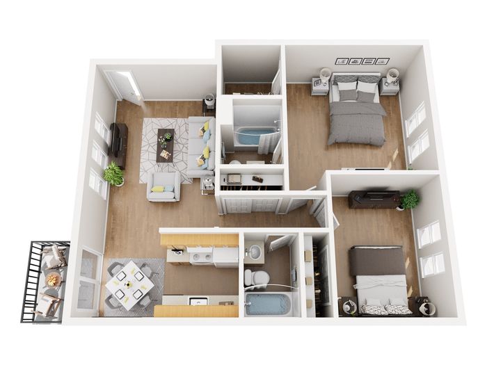 Bright 3D floor plan featuring two spacious bedrooms, a cozy living room, modern kitchen, and inviting balcony space.
