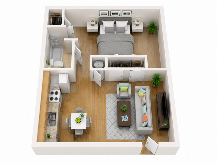 Charming 1-bedroom apartment floor plan with cozy living area, modern kitchen, and stylish dining space.