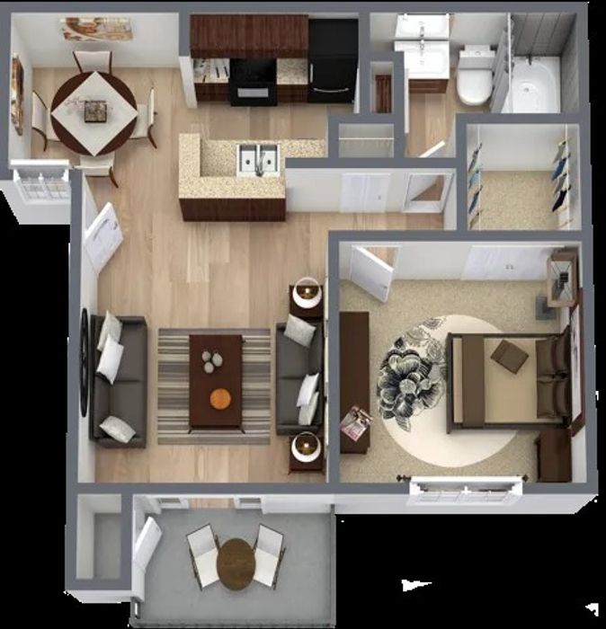 Floorplan A1 at 4060 Preferred Place, Dallas, TX – a modern 578 sq ft apartment layout featuring 1 bedroom, 1 bathroom, an open-concept living area, contemporary kitchen, and ample storage
