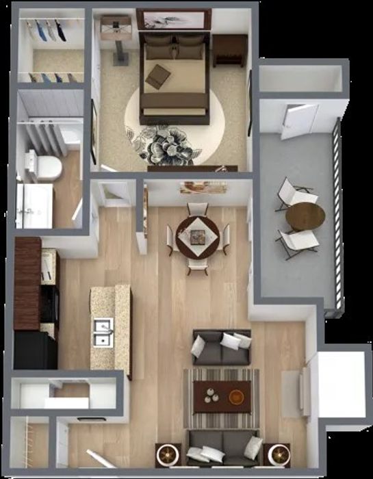 Floorplan A3 at 4060 Preferred Place, Dallas, TX – a modern 661 sq ft apartment featuring 1 bedroom, 1 bathroom, and a cozy fireplace.