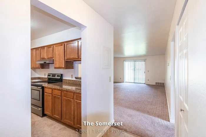 Inviting Somerset apartment interior, featuring a modern kitchen with wood cabinets and stainless steel appliances, connected to a spacious living area with plush carpeting and natural light from large windows.