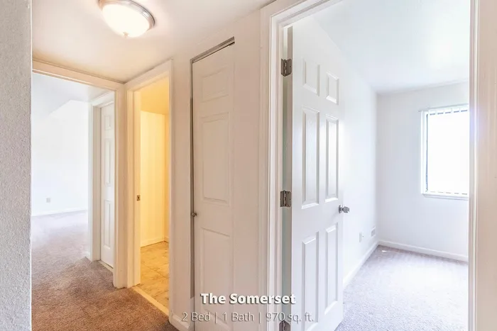 Bright hallway of The Somerset apartment with two open doors leading to warm, carpeted rooms, featuring modern light fixtures and white interior. Perfectly designed 2 bed, 1 bath layout in 970 sq. ft. of space.