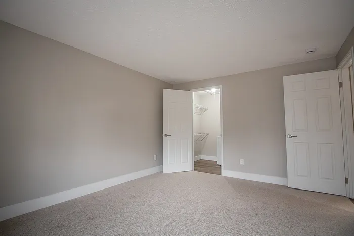 Bright and spacious bedroom with plush carpet and an open door leading to an inviting walk-in closet.