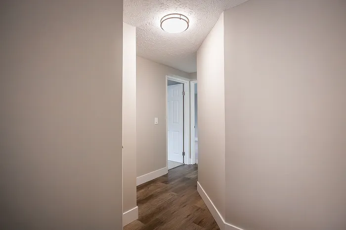 Inviting hallway with elegant wood flooring leading to brightly lit rooms, showcasing modern interior design.