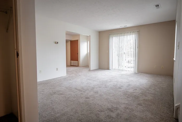 Bright and spacious living room with plush carpeting, large windows, and modern vertical blinds.