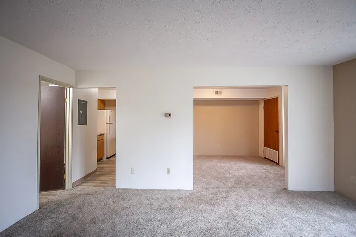 Inviting living space with plush carpet, showcasing an open entrance to a cozy kitchen area and ample natural light.