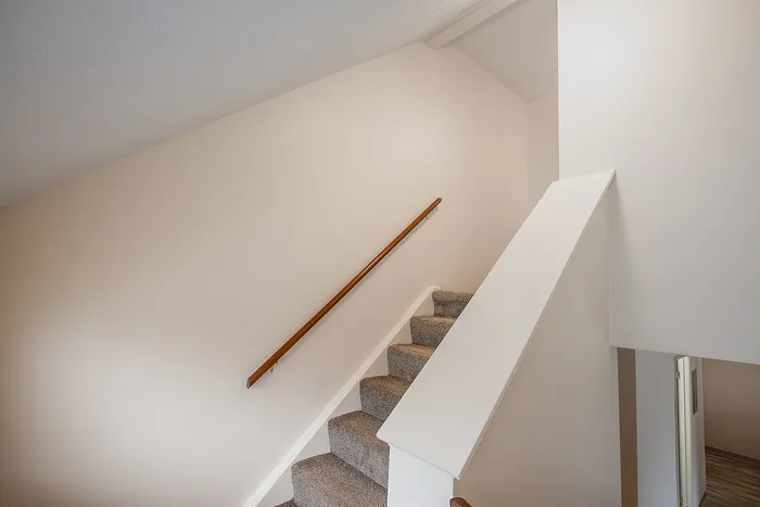 Bright and inviting stairway in a modern apartment showcasing plush carpeted steps and sleek railing.