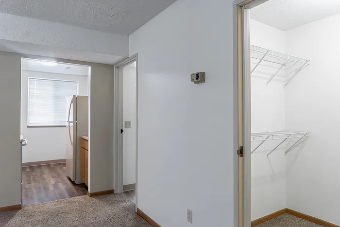 Modern apartment interior featuring a spacious walk-in closet, cozy carpeted hallway, and a kitchen with natural light.