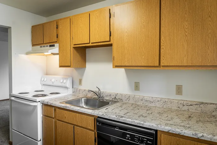 Charming kitchen with wood cabinets, sleek countertop, and modern appliances for a cozy and functional cooking experience.