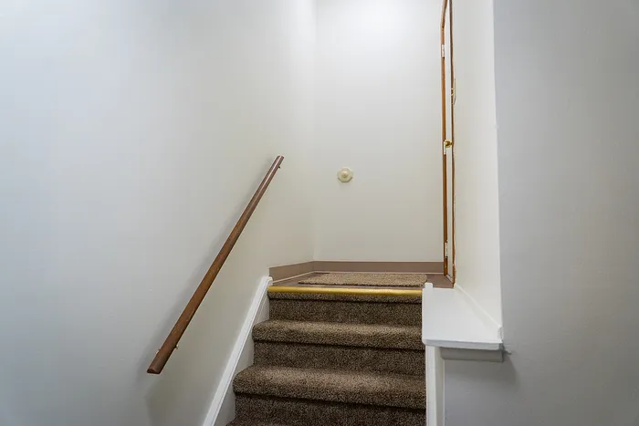 Inviting stairway with plush carpet and rich wooden railing in a well-lit hallway.