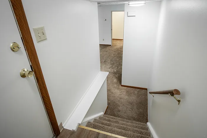 Inviting entryway with newly carpeted stairs leading to a cozy, well-lit living area, perfect for a welcoming first impression.