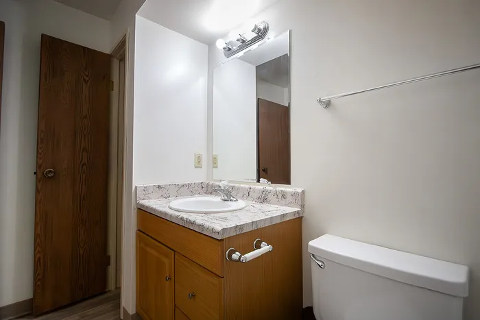 Modern bathroom with elegant marble countertop, stylish wooden cabinetry, and bright overhead lighting.