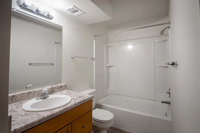 Spacious bathroom with sleek design featuring a marbled countertop, modern fixtures, and a large mirror.