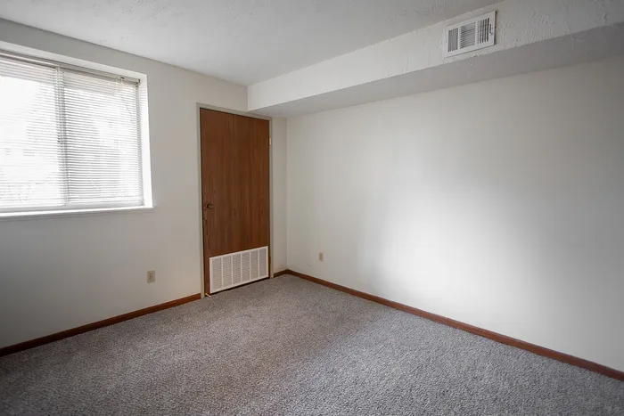 Bright, inviting room with natural light, featuring neutral walls, plush carpet, and elegant wooden door for a cozy ambiance.