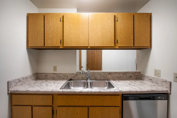 Charming kitchen with elegant wood cabinetry, sleek marble countertops, and a modern stainless steel sink and dishwasher.