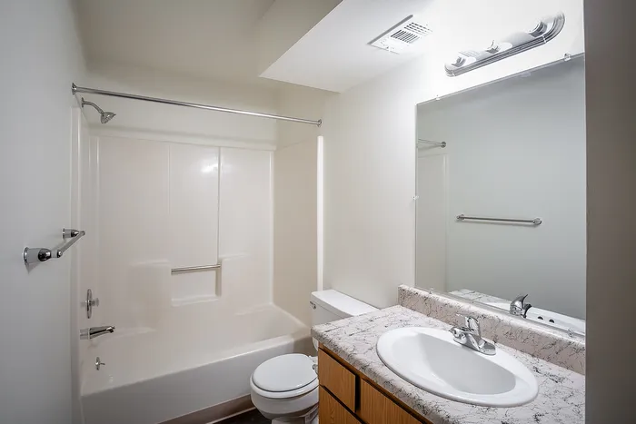 Bright and inviting bathroom featuring a modern bathtub, sleek marble countertop, and elegant lighting.