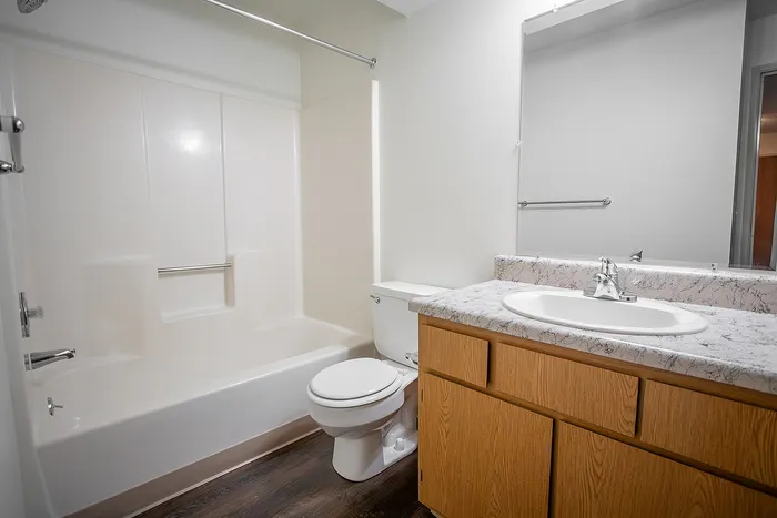 Modern bathroom with a sleek design featuring a pristine white bathtub, elegant granite countertop, and stylish wooden cabinetry.