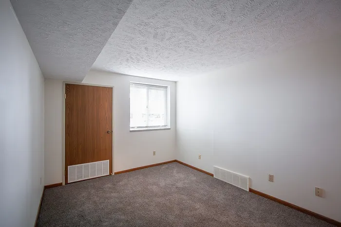 Bright, empty room with textured white ceiling, neutral walls, plush carpet, and a large window for natural light.