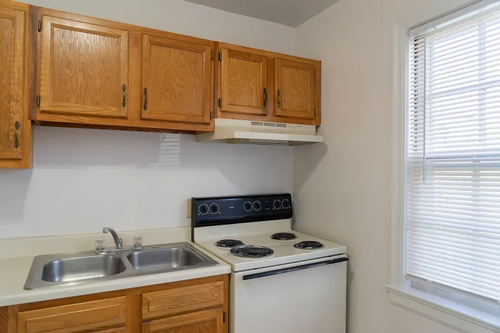 Charming kitchen with warm wooden cabinets, modern stove, and bright natural light for a cozy cooking space.