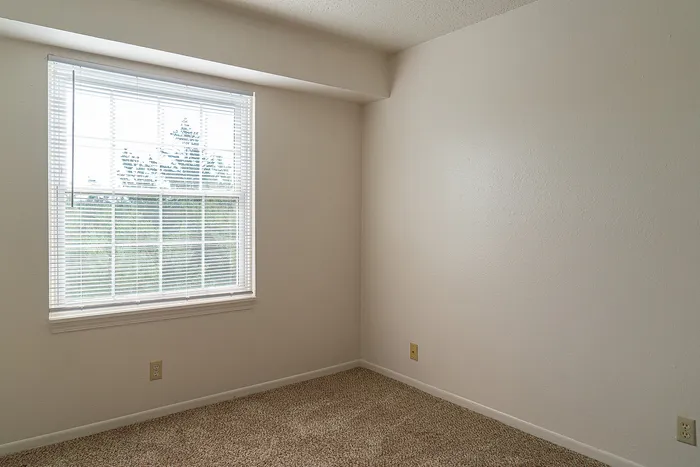 Bright bedroom with large window and cozy carpet floors, offering a serene view and abundant natural light.