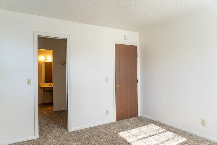 Bright interior space with neutral walls and plush carpeting, featuring a glimpse into an elegant bathroom.