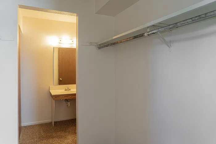Bright and inviting walk-in closet with ample shelving, connected to a well-lit bathroom with a contemporary sink.