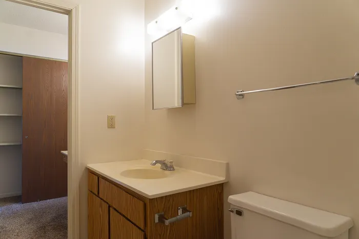 Bright and airy bathroom with modern lighting, sleek vanity, and ample storage space.