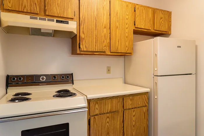 Cozy kitchen with charming wooden cabinets, classic stove, and spacious fridge, perfect for culinary adventures.