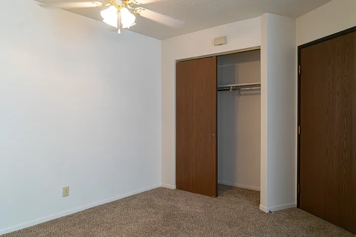 Bright bedroom with plush carpet, ceiling fan, and ample closet space for comfortable living.