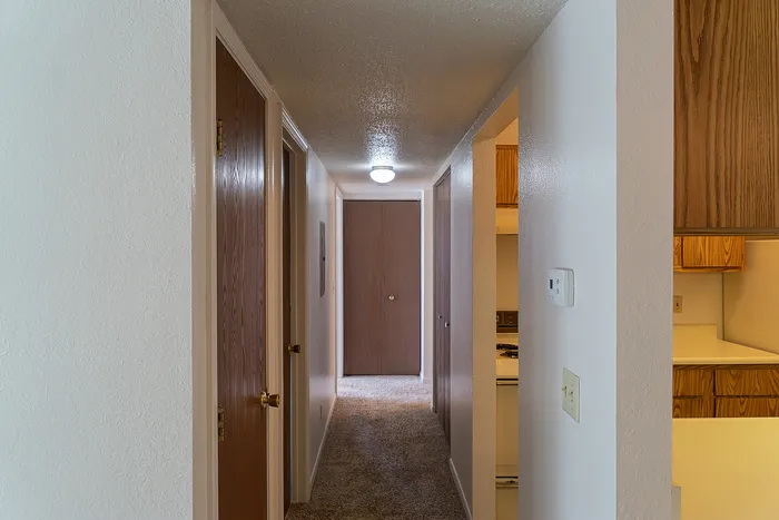 Inviting apartment hallway with elegant wooden doors, carpet flooring, and a glimpse into a warm-toned kitchen.