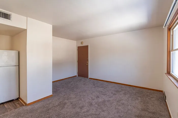 Bright and inviting living area with plush carpet, large window, and adjacent kitchen space featuring a modern fridge.