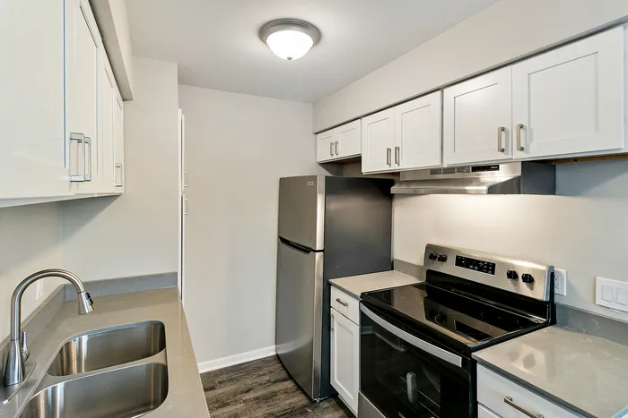 Modern kitchen with sleek stainless steel appliances, elegant cabinetry, and a double sink.