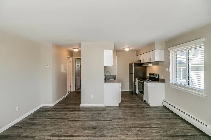 Modern apartment with open layout featuring a sleek kitchen and abundant natural light, complemented by elegant hardwood floors.