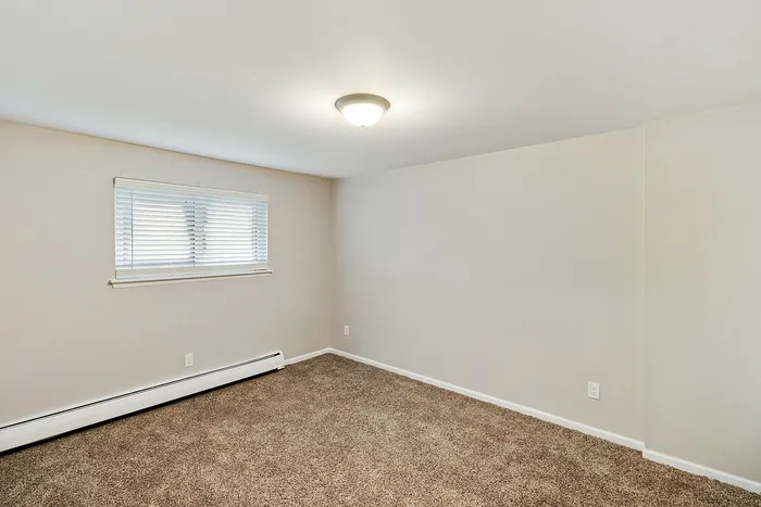 Bright and inviting carpeted room with a large window, perfect for a cozy bedroom or home office.