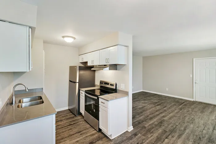 Modern apartment interior showcasing a sleek kitchen with stainless steel appliances and elegant cabinetry next to an expansive living area with stylish wood flooring.