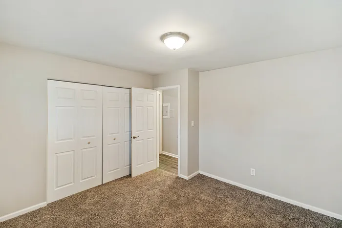 Bright bedroom with plush carpeting and a spacious closet, offering a warm and inviting atmosphere.