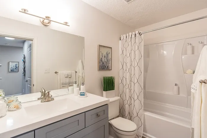 Inviting bathroom with modern fixtures, elegant vanity, and a serene shower space featuring stylish decor and soft lighting.