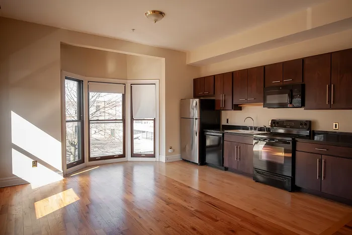 Bright and modern apartment kitchen with sleek dark wood cabinets, stainless steel appliances, and expansive windows overlooking a sunny, tree-lined street.