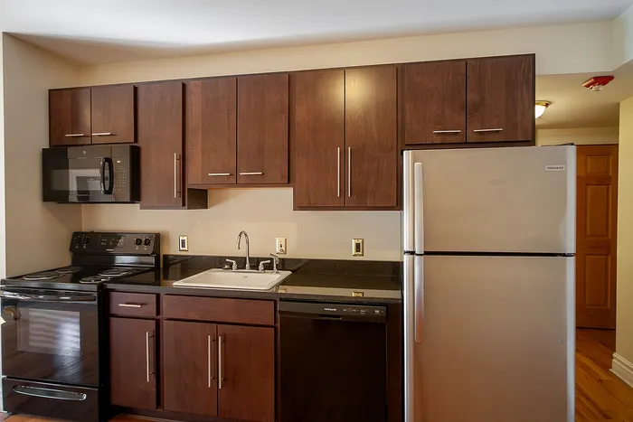 Modern kitchen with sleek dark wood cabinetry, stainless steel appliances, and elegant countertops.