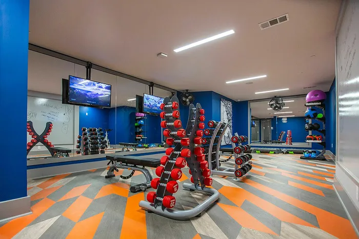 Modern fitness center featuring vibrant orange and gray flooring, neatly arranged dumbbells, and exercise equipment for an invigorating workout experience.