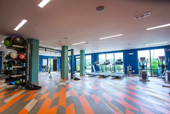 Modern fitness center with vibrant flooring, featuring treadmills, strength equipment, and a scenic view from large windows.