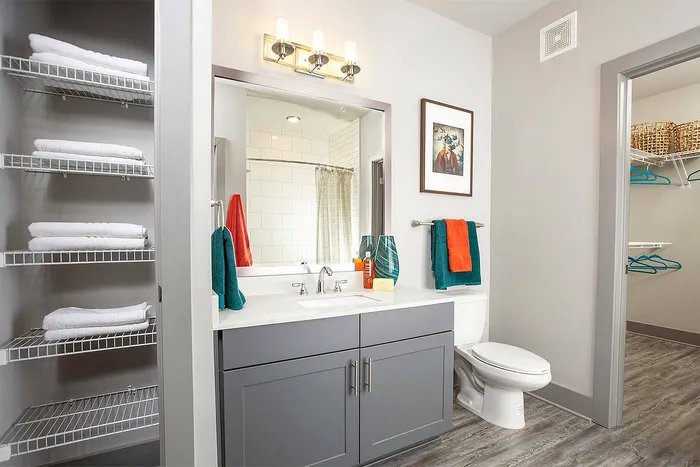 Modern bathroom with elegant gray cabinetry, white countertop, and vibrant towel accents. Spacious closet with shelving adds ample storage.