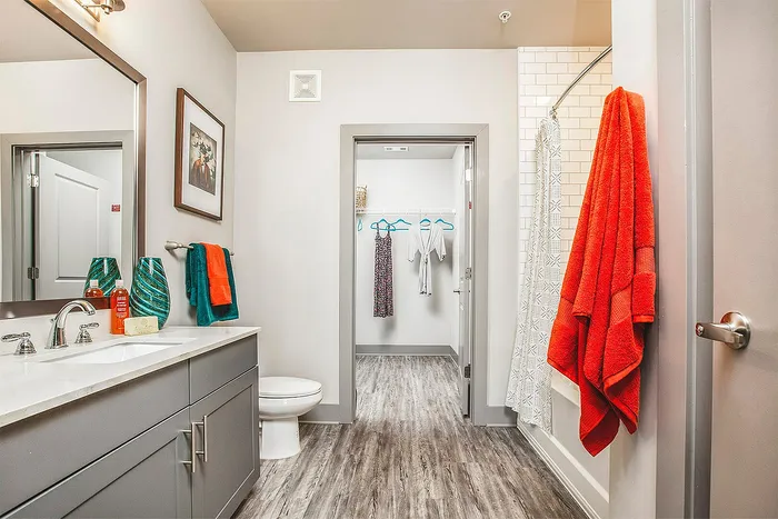 Modern bathroom with sleek gray cabinetry, vibrant towels, and a stylish walk-in closet.