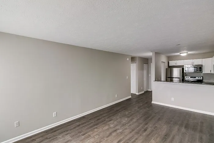 Spacious open-concept living area with modern kitchen, stainless steel appliances, and sleek hardwood floors.