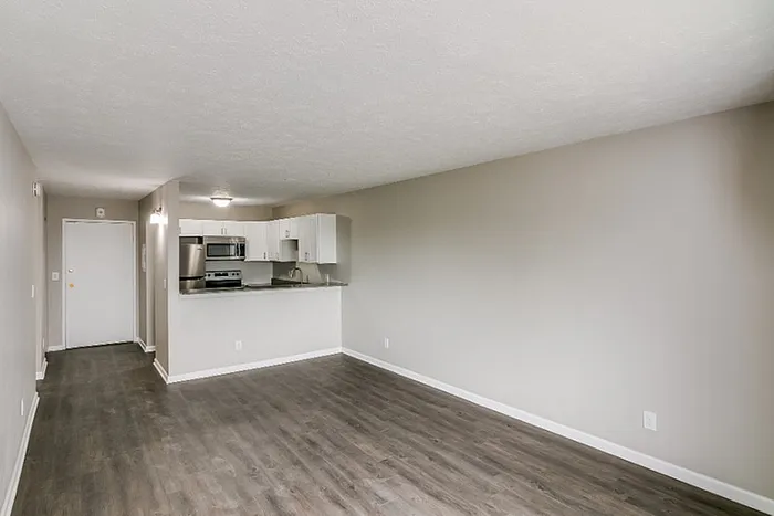 Modern open-concept apartment with sleek hardwood floors, freshly painted walls, and a contemporary kitchen equipped with stainless steel appliances.