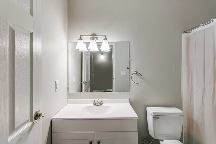 Bright and modern bathroom with a sleek vanity, elegant lighting, and a clean, minimalist design.