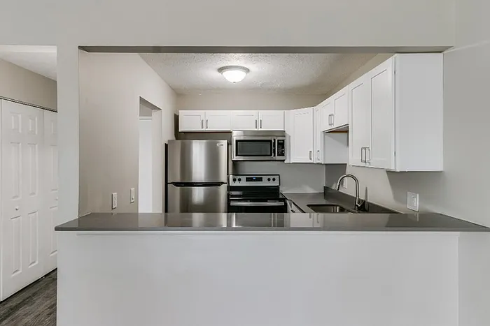 Modern kitchen with sleek stainless steel appliances, elegant white cabinetry, and a spacious countertop bar area.